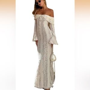 Elegant White and Cream Lace Off-Shoulder Dress